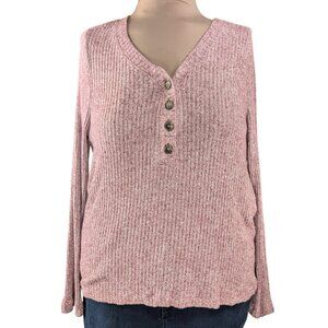 LOFT Large Red Heathered Soft V-Neck Long Sleeve Ribbed Henley Shirt